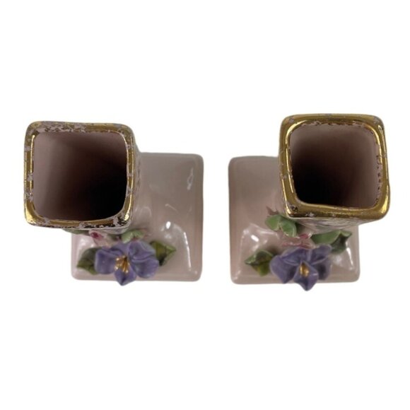 Vintage 1950s Set of 2 Pink/Gold Bud Vases w/ Applied Flowers Darvill LA Cali - Picture 7 of 13